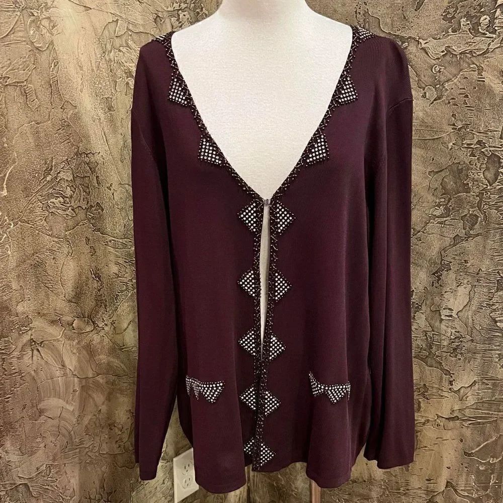 BCBGMAXAZRIA Embellished Long Sleeve Cardigan Sweater Size 2X